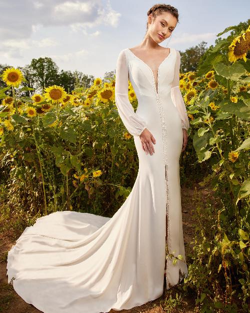 Lp2207 simple long sleeve wedding dress with low back and slit1